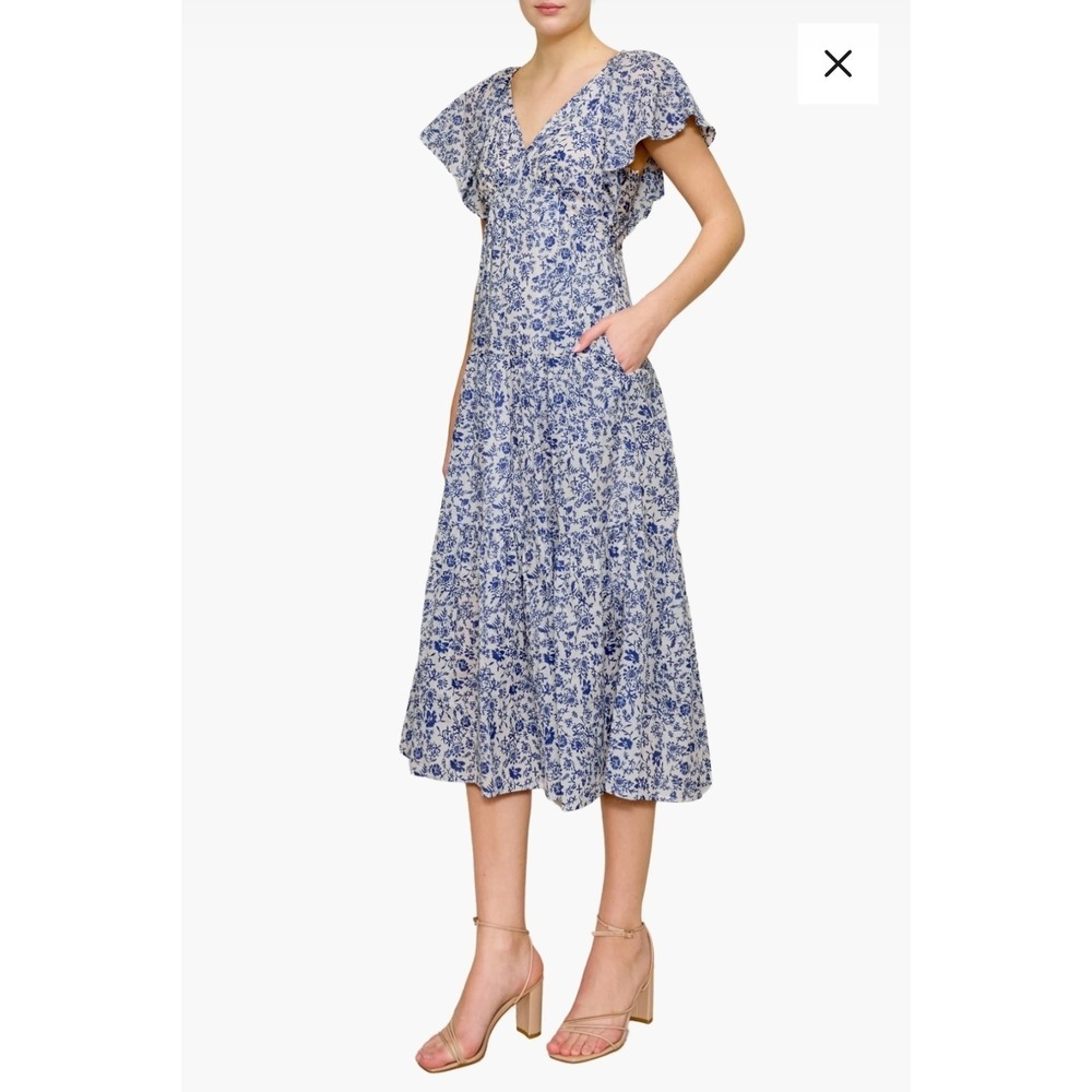 MELLODAY Women's Blue Floral Flutter Sleeve Tiered Midi Dress Size XL NEW! $108
